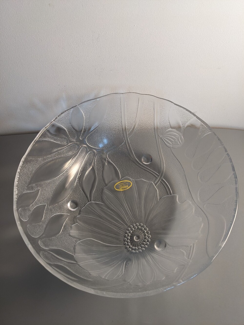 Vintage Mibo Crystal Bowl Japan Nine Inch Floral Cut Glass Clear Decorative Feet